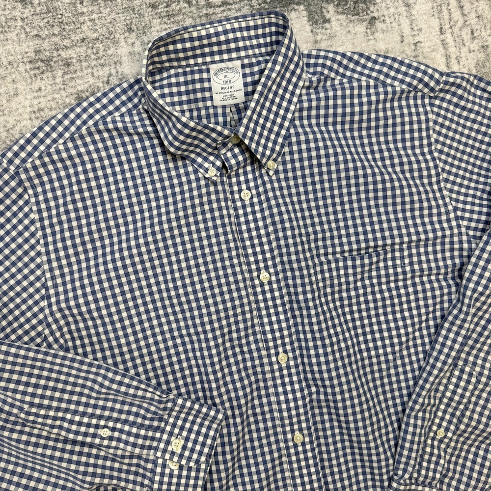 Brooks Brothers Shirt Mens XL Blue Gingham Check Regent Fit Non Iron Button Down